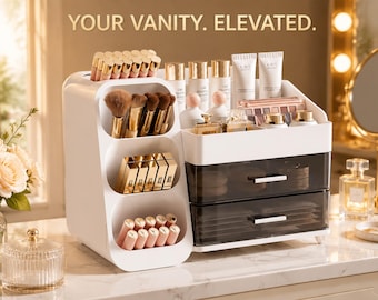 Makeup Organizer With Drawers & Brush Holder | Countertop Cosmetic Storage Case | Vanity Skincare Organizer | Beauty Display Box