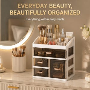 Puede incluir: Un organizador de cosméticos blanco con cajones transparentes oscuros y tiradores en oro rosa. La sección superior tiene múltiples compartimentos para brochas y frascos. Texto: EVERYDAY BEAUTY, BEAUTIFULLY ORGANIZED.
