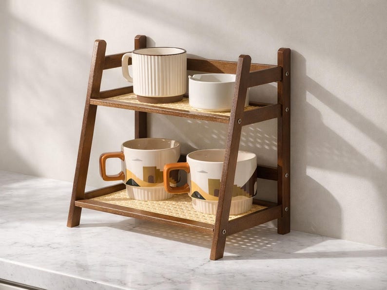 May include: A two-tiered wooden shelf with woven rattan shelves holds four ceramic mugs. The mugs are white, beige, and brown, with various designs. The shelf is dark brown and has an A-frame design.