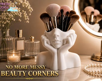 Face Shape Makeup Brush Holder | Minimalist Sculptural Organizer | White Vanity Storage Cup | Aesthetic Desk Decor Gift