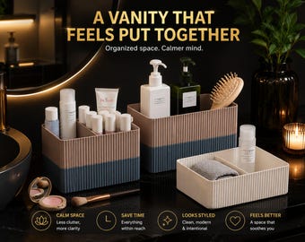 Ribbed Vanity Organizer Box | Bathroom Counter Storage | Skincare Holder | Makeup Storage Bin | Desk Basket Tray