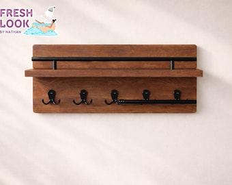 Rustic Wood Bathroom Shelf Organizer | Floating Wall Rack With Hooks