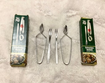2 Sets of WMF Escargot Tongs and Fork Boxed Made in Germany Vintage Dining Utensils