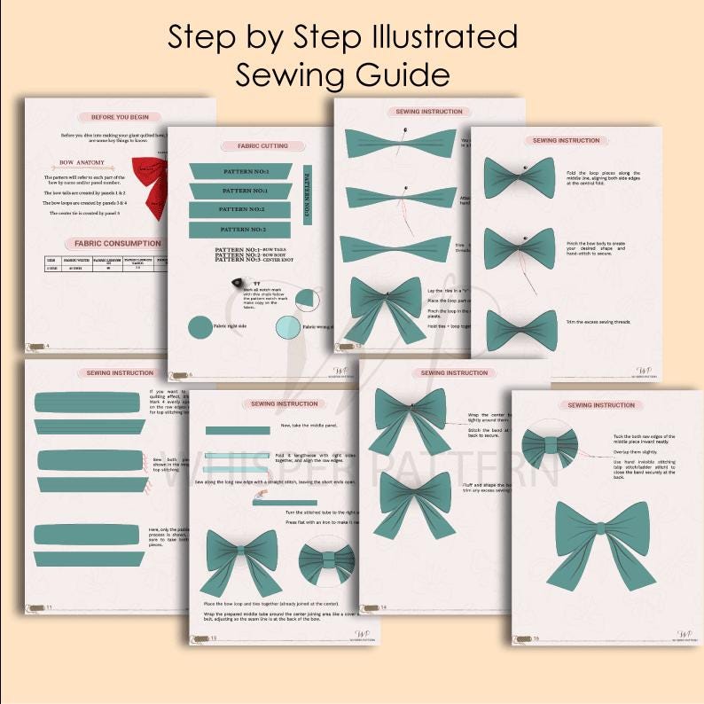 Puede incluir: Una gu&iacute;a de costura ilustrada paso a paso con instrucciones para hacer lazos. La gu&iacute;a incluye diagramas y texto, con p&aacute;ginas que presentan ilustraciones de lazos de color verde azulado y patrones de corte de tela. El t&iacute;tulo dice "Step by Step Illustrated Sewing Guide."