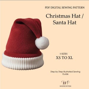 May include: A red Christmas hat with a white bobble and a white brim. The hat is part of a PDF digital sewing pattern, available in sizes XS to XL. The text "Christmas Hat / Santa Hat" is displayed.