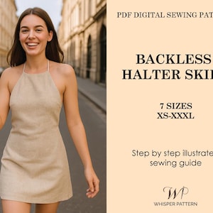Peut inclure: Une femme porte une robe dos nu beige. L'image contient le texte : "PDF Digital Sewing Pattern", "Backless Halter Skirt", "7 Tailles XS-XXXL" et "Step by step illustrated sewing guide".