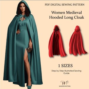May include: A teal medieval hooded long cloak with a matching dress. The image also shows two red cloaks. The text on the image says "PDF Digital Sewing Pattern" and "Women Medieval Hooded Long Cloak".