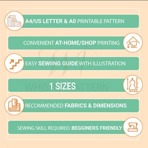 Puede incluir: Una infograf&iacute;a de patr&oacute;n de costura sobre un fondo color melocot&oacute;n con seis barras horizontales verdes. El texto incluye A4/US LETTER & A0 PRINTABLE PATTERN, CONVENIENT AT-HOME/SHOP PRINTING, EASY SEWIING GUIDE WITH ILLUSTRATION, 1 SIZES, RECOMMENDED FABRICS & DIMENSIONS y SEWING SKILL REQUIRED: BEGGINERS FRIENDLY.