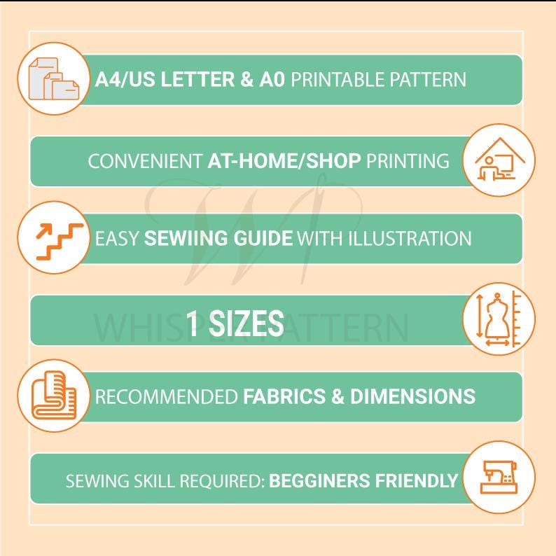 Puede incluir: Una infograf&iacute;a de patr&oacute;n de costura sobre un fondo color melocot&oacute;n con seis barras horizontales verdes. El texto incluye A4/US LETTER & A0 PRINTABLE PATTERN, CONVENIENT AT-HOME/SHOP PRINTING, EASY SEWIING GUIDE WITH ILLUSTRATION, 1 SIZES, RECOMMENDED FABRICS & DIMENSIONS y SEWING SKILL REQUIRED: BEGGINERS FRIENDLY.