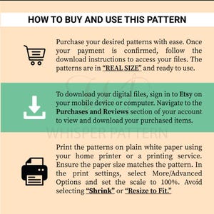 Puede incluir: Un gr&aacute;fico de instrucciones titulado HOW TO BUY AND USE THIS PATTERN. Contiene tres secciones con iconos: un carrito de compras, una flecha de descarga y una impresora. El texto explica la compra, la descarga desde Etsy y la impresi&oacute;n al 100%.