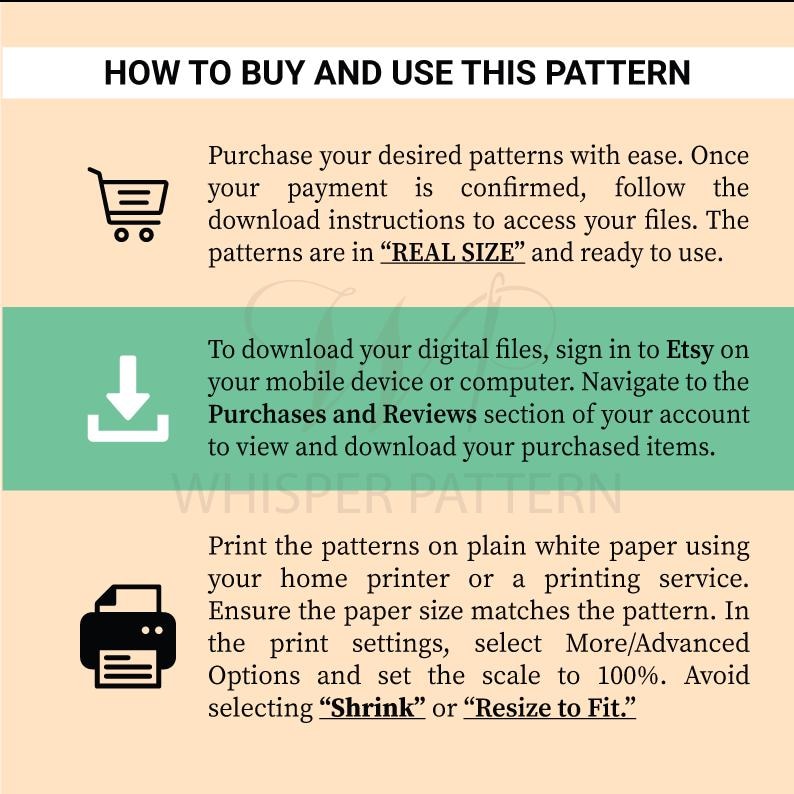Puede incluir: Un gr&aacute;fico de instrucciones titulado HOW TO BUY AND USE THIS PATTERN. Contiene tres secciones con iconos: un carrito de compras, una flecha de descarga y una impresora. El texto explica la compra, la descarga desde Etsy y la impresi&oacute;n al 100%.