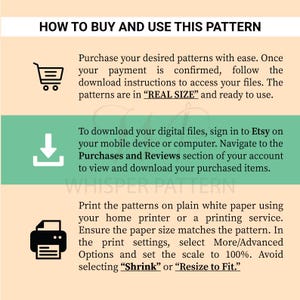 Puede incluir: Una gu&iacute;a titulada "C&Oacute;MO COMPRAR Y USAR ESTE PATR&Oacute;N" con instrucciones para descargar e imprimir patrones. Incluye iconos de carrito de compras, flecha de descarga e impresora. El texto aconseja imprimir a escala 100%.