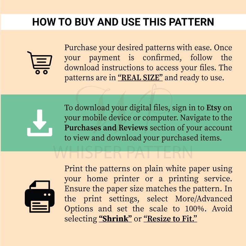 Puede incluir: Una gu&iacute;a titulada "C&Oacute;MO COMPRAR Y USAR ESTE PATR&Oacute;N" con instrucciones para descargar e imprimir patrones. Incluye iconos de carrito de compras, flecha de descarga e impresora. El texto aconseja imprimir a escala 100%.