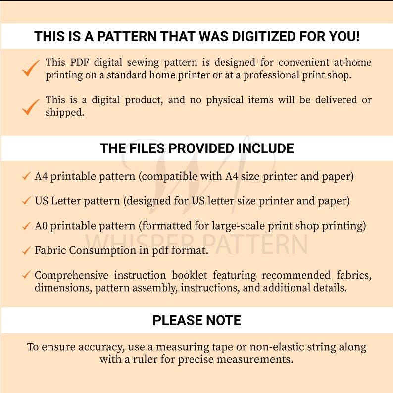 Puede incluir: Un patr&oacute;n de costura digital se muestra sobre un fondo crema. El texto detalla el formato PDF, las opciones de impresi&oacute;n (A4, US Letter, A0) y un folleto de instrucciones. La imagen tambi&eacute;n aconseja el uso de una cinta m&eacute;trica para mayor precisi&oacute;n.