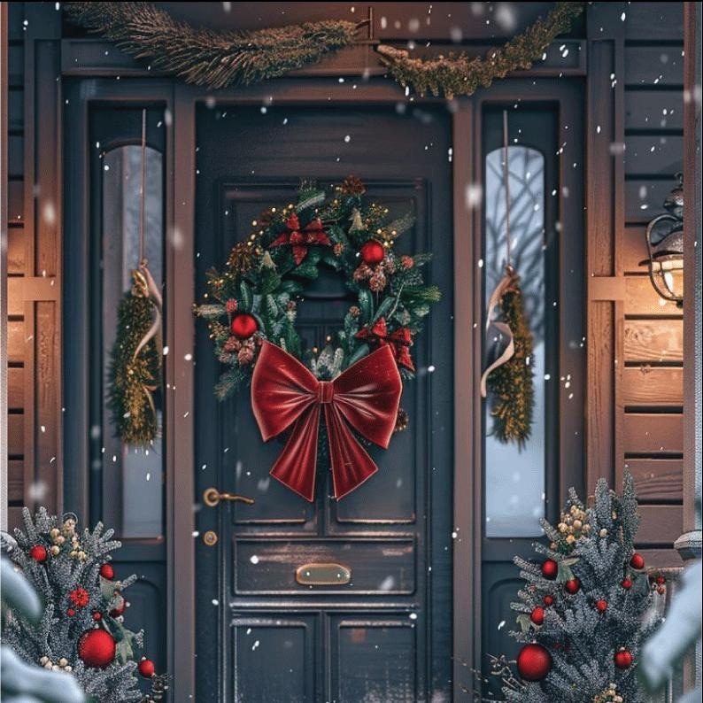 Puede incluir: Una puerta navide&ntilde;a adornada con una corona y un gran lazo rojo. La corona est&aacute; decorada con bayas rojas y vegetaci&oacute;n. Los copos de nieve caen alrededor de la puerta y peque&ntilde;os &aacute;rboles de Navidad flanquean la entrada.