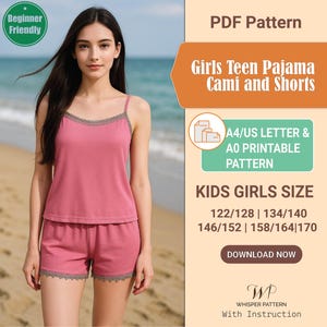 Pajama Teen Sewing Pattern PDF | Shorts and Cami Top Sleepwear | Kids Loungewear Digital Pattern