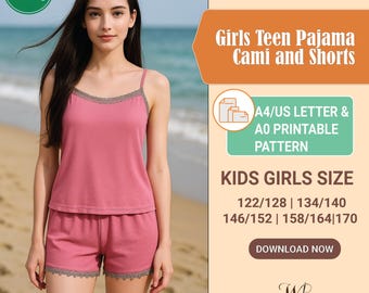Pyjama Teen Schnittmuster PDF | Shorts und Cami Top Nachtwäsche | Kinder Loungewear Digital Schnittmuster