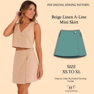 May include: A PDF digital sewing pattern for a beige linen A-line mini skirt. The image displays a beige sleeveless button-down top and matching wrap-style mini skirt, a teal graphic of the skirt, and text: PDF DIGITAL SEWING PATTERN, SIZE XS TO XL.