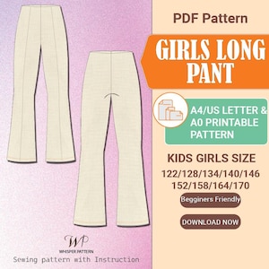 May include: A digital sewing pattern for girls' long pants. The pattern includes sizes 122-170 cm and is available in A4/US Letter and A0 printable formats. The pattern is beginner-friendly and includes instructions.
