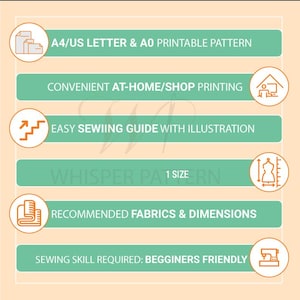 Puede incluir: Imagen con texto sobre un fondo naranja claro. El texto est&aacute; en rect&aacute;ngulos blancos y verdes. El texto incluye "A4/US LETTER & AO PRINTABLE PATTERN", "CONVENIENT AT-HOME/SHOP PRINTING", "EASY SEWING GUIDE WITH ILLUSTRATION", "RECOMMENDED FABRICS & DIMENSIONS" y "SEWING SKILL REQUIRED: BEGINNERS FRIENDLY".