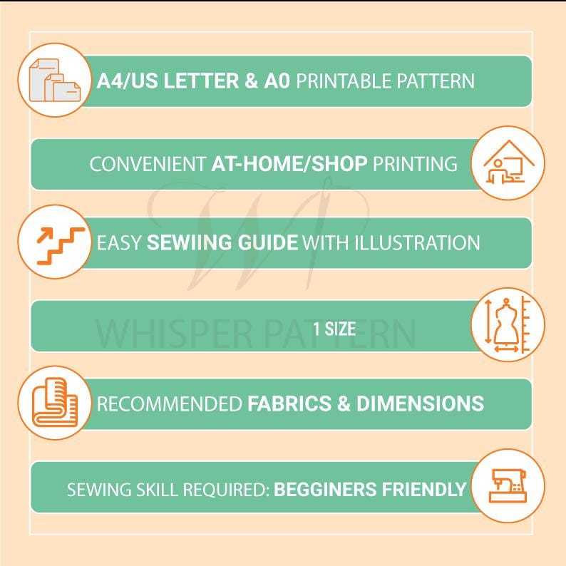 Puede incluir: Imagen con texto sobre un fondo naranja claro. El texto est&aacute; en rect&aacute;ngulos blancos y verdes. El texto incluye "A4/US LETTER & AO PRINTABLE PATTERN", "CONVENIENT AT-HOME/SHOP PRINTING", "EASY SEWING GUIDE WITH ILLUSTRATION", "RECOMMENDED FABRICS & DIMENSIONS" y "SEWING SKILL REQUIRED: BEGINNERS FRIENDLY".