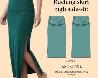Ruched Maxi Skirt Sewing Pattern: Fitted, Asymmetrical (PDF Pattern)
