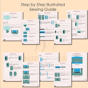 Puede incluir: Una gu&iacute;a de costura ilustrada paso a paso titulada Step by Step Illustrated Sewing Guide, que presenta varios diagramas con formas azules y verde azulado sobre un fondo claro, detallando los pasos de montaje de un proyecto.
