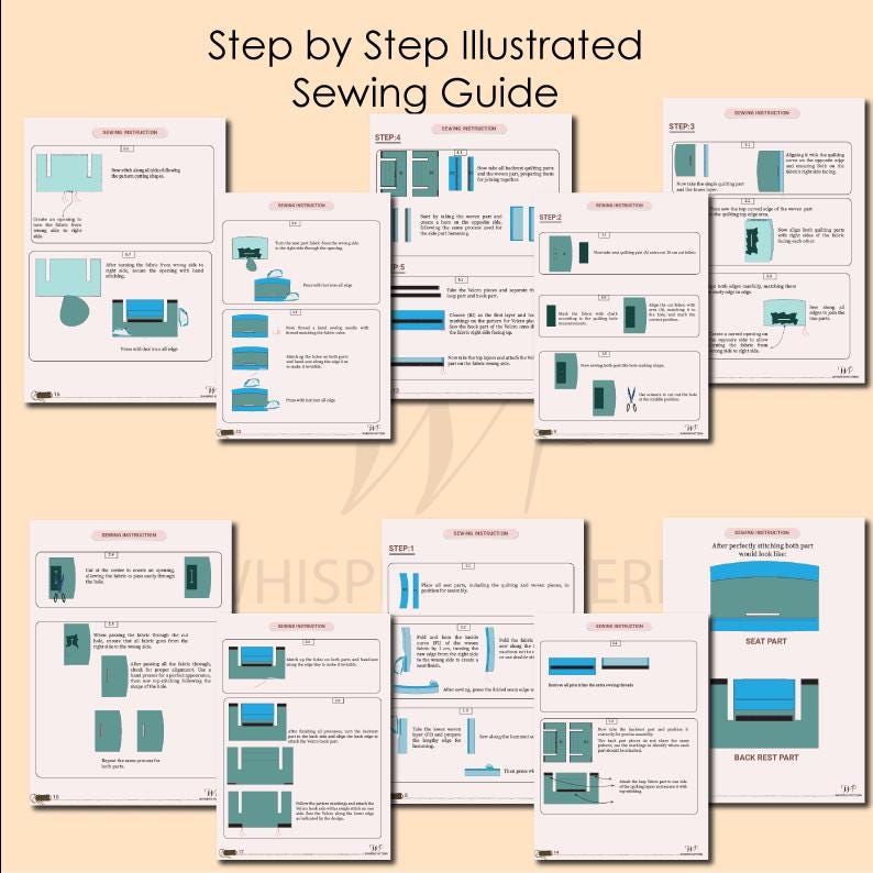 Puede incluir: Una gu&iacute;a de costura ilustrada paso a paso titulada Step by Step Illustrated Sewing Guide, que presenta varios diagramas con formas azules y verde azulado sobre un fondo claro, detallando los pasos de montaje de un proyecto.