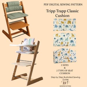 Op de afbeelding: Een digitaal PDF-naaipatroon voor een Tripp Trapp Classic kussen. De afbeelding toont twee houten kinderstoelen, één met een effen saliegroen kussen en één met een kussen met patroon, naast drie stoffen onderdelen met dierenprints.