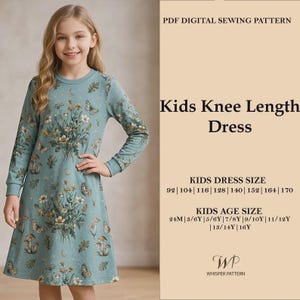 May include: A light blue knee-length dress with a floral and butterfly pattern. The dress has long sleeves and is designed for children. The image also includes text that says "Kids Knee Length Dress" and size information.