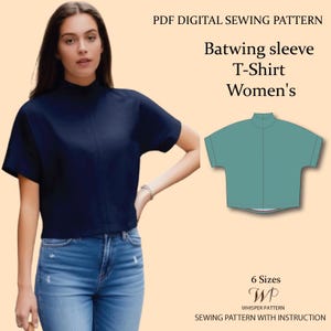 Puede incluir: Un patrón de costura digital en PDF para una camiseta de manga murciélago. La imagen muestra una camiseta azul marino con cuello alto y un dibujo técnico en color verde azulado del diseño. El texto incluye PDF DIGITAL SEWING PATTERN, Batwing sleeve T-Shirt, 6 Sizes y WHISPER PATTERN SEWING PATTERN WITH INSTRUCTION.