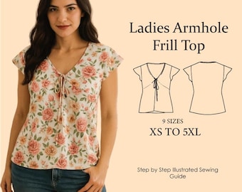 Flutter Sleeve Top Sewing Pattern PDF: Armhole Frill Blouse (XS-5XL Digital Download