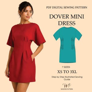 Dover Mini Dress Sewing Pattern, Kimono Sleeve, Pleated Waist, Pockets (PDF Download)