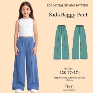 Puede incluir: Patrón de costura digital en PDF para pantalón holgado infantil, tallas 128 a 174. Incluye guía de costura ilustrada paso a paso de Whisper Pattern. La imagen muestra a un niño con pantalón holgado azul y camiseta sin mangas blanca, junto a dibujos técnicos en color verde azulado.
