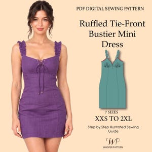 May include: A purple mini dress with a tie-front bustier bodice and ruffled shoulder straps. The text reads: PDF DIGITAL SEWING PATTERN, Ruffled Tie-Front Bustier Mini Dress, 7 SIZES XXS TO 2XL, Step by Step Illustrated Sewing Guide, WHISPER PATTERN.