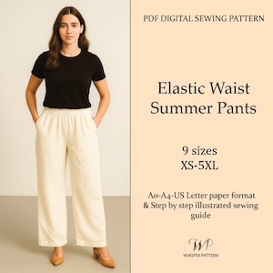Patrón de costura para pantalones de salón de pierna ancha: cintura elástica (patrón PDF para tallas XS-5XL)