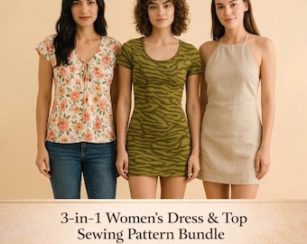 Women's Sewing Pattern Bundle: Flutter Top, Bodycon Dress, Halter Mini (Digital Download)
