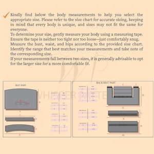Puede incluir: Una tabla de tallas beige para componentes de muebles, con diagramas etiquetados como SEAT PART y BACK REST PART, junto con dimensiones se&ntilde;aladas por letras y tablas que enumeran medidas en cent&iacute;metros para el montaje.