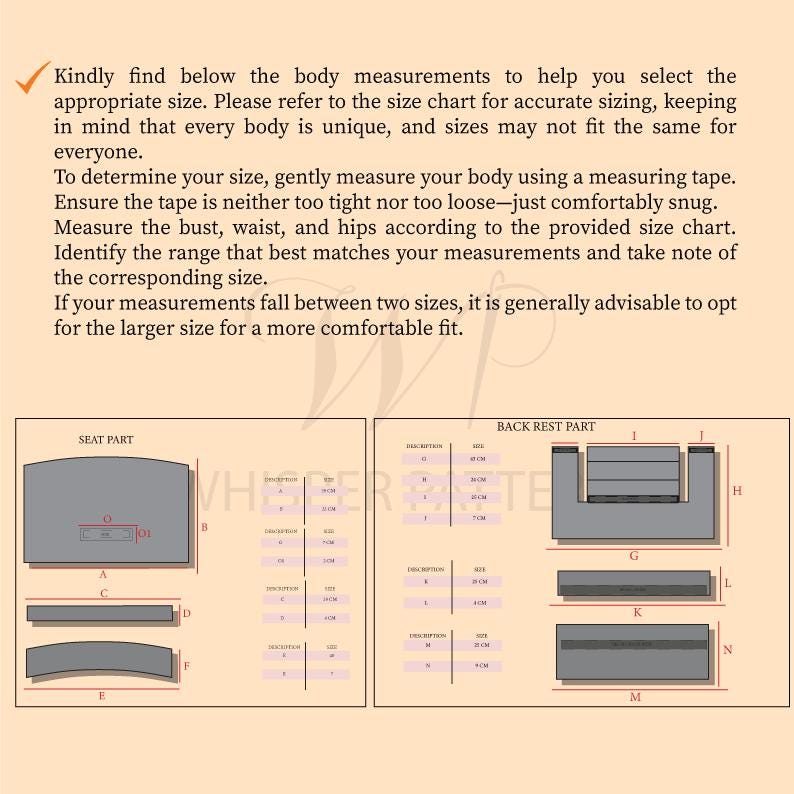 Puede incluir: Una tabla de tallas beige para componentes de muebles, con diagramas etiquetados como SEAT PART y BACK REST PART, junto con dimensiones se&ntilde;aladas por letras y tablas que enumeran medidas en cent&iacute;metros para el montaje.