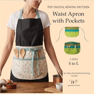 Könnte beinhalten: Schwarze Jeans-Taillenschürze mit Blumendruck-Tasche und hellblauer Paspelierung. Die Schürze hat eine passende hellblaue Bindung und wird mit hölzernen Kochutensilien gezeigt. Das Bild zeigt auch ein digitales Schnittmuster für die Schürze.