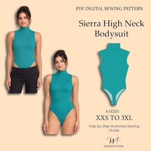 Può includere: Un cartamodello digitale in PDF per un body Sierra a collo alto nelle taglie dalla XXS alla 3XL. L'immagine mostra un body senza maniche color verde acqua con collo alto, un'illustrazione tecnica e il testo Step by Step Illustrated Sewing Guide.