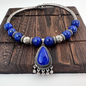 Vintage Egyptian-Style AAA+ Lapis Lazuli Necklace – 925 Silver Collar, Large Lapis Beads with Faceted Silver Beads, Statement Lapis Pendant