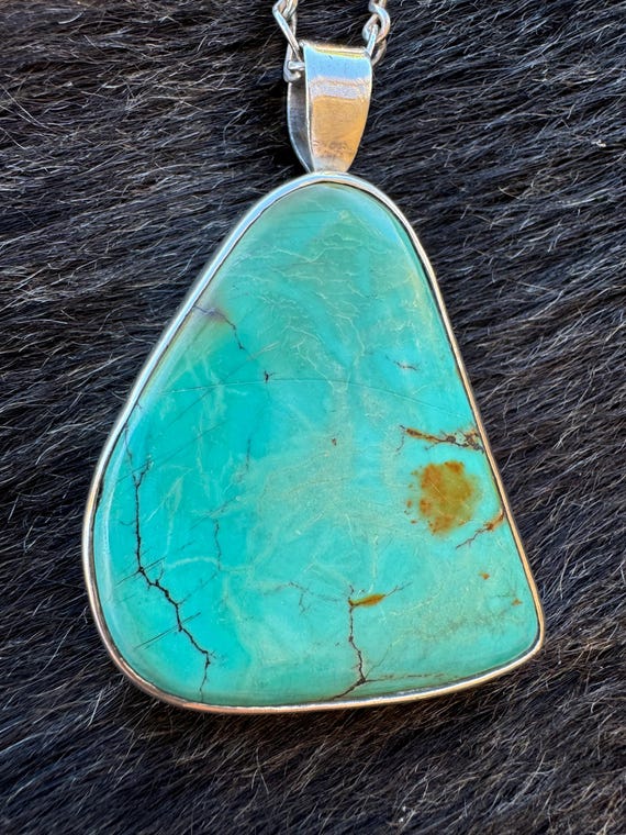 Large Chinese Turquoise Pendant, Sterling Silver, Freeform Statement Jewelry
