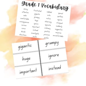 Grade 1 Vocabulary list and flashcards--includes 68 words/cards