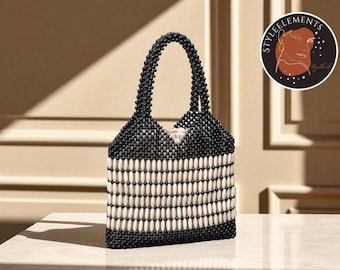 Beaded Knit Hollow-Out Handbag | Patchwork Shoulder Purse with Cloth Lining | Casual Party Tote | Cozy Style Fashion Bag for Summer