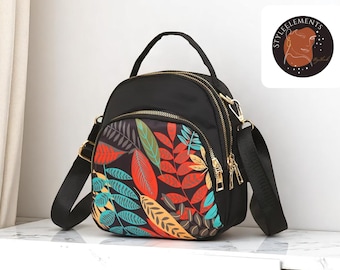Printed Mini Backpack for Women | Three Layered Shoulder Tote | Soft Handle Small Bag with Silt Pocket | Casual Cloth Purse