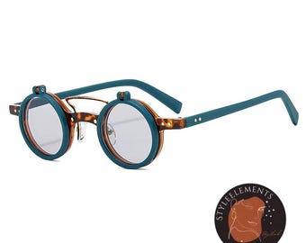 Occhiali da sole piccoli e rotondi in stile punk con doppio ponte, lenti ribaltabili retrò, protezione solare UV400, con cuciture