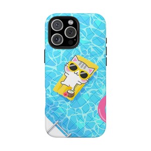May include: A phone case with a cartoon cat wearing sunglasses, relaxing on a yellow pool float in a blue pool. A pink inflatable ring is in the corner. The case has a glossy finish.