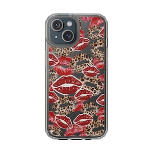 Red Lip Kiss Clear Phone Case - Leopard Print Lips Transparent Cover for iPhone, Samsung