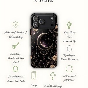 May include: Black phone case with a celestial design featuring a crescent moon, stars, and floral accents. The case has a black border and includes the text "STAARLING". Features include advanced shockproof safeguarding and wireless charging.